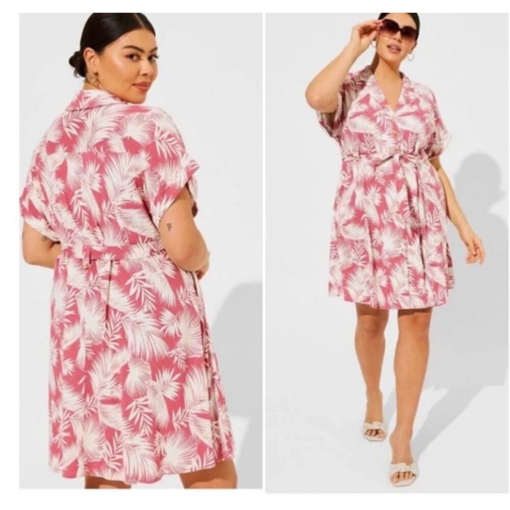 Torrid Shaded Palms Mini Rayon Slub Button Front Collared Dress Rose Size XL